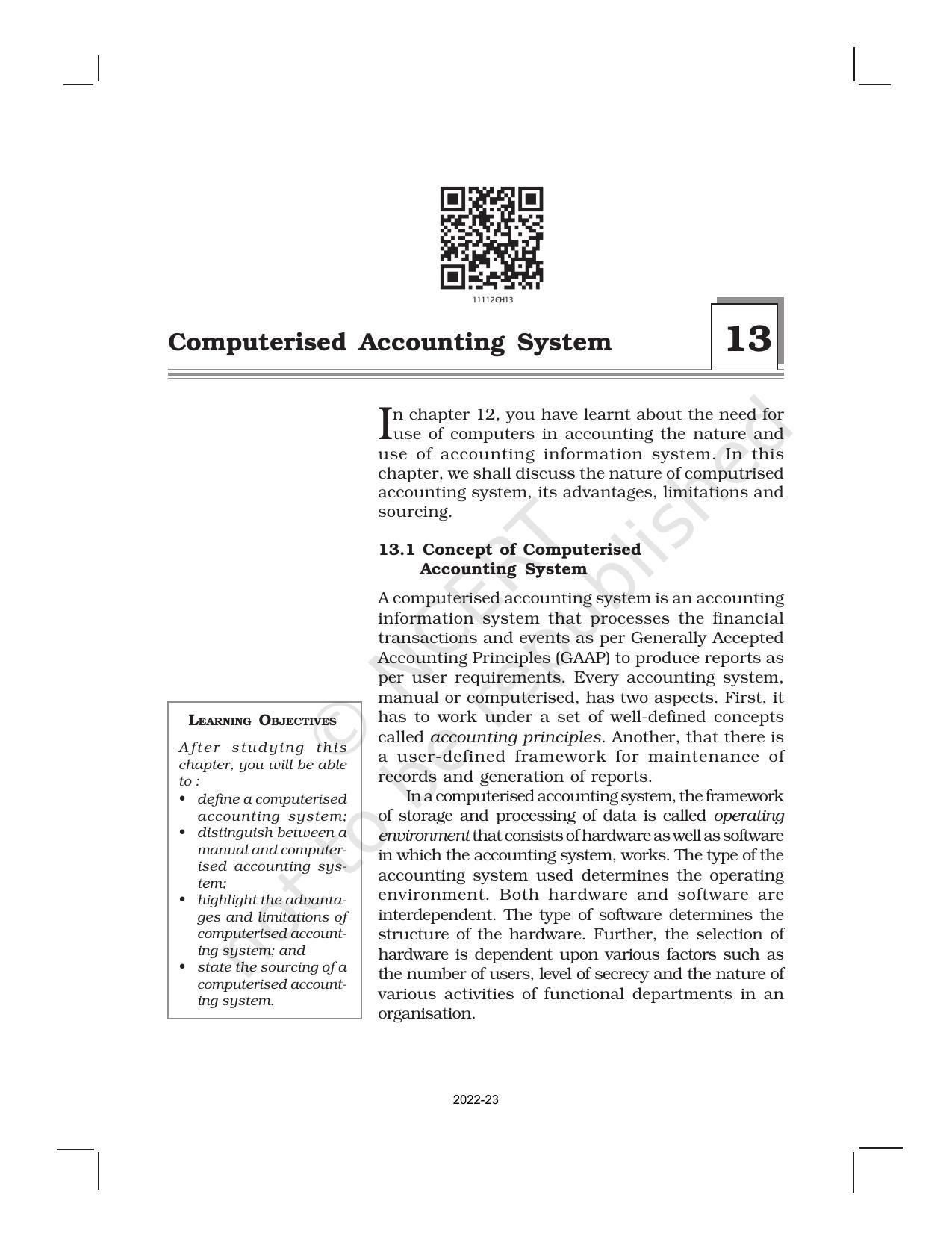 NCERT Book for Class 11 Accountancy (Part-II) Chapter 13 Computerized Accounting System - Page 1