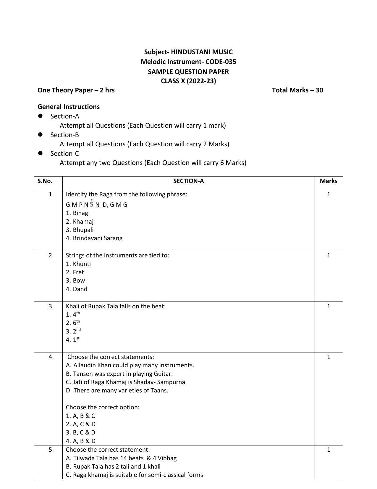 CBSE Class 10 Hindustani Music (Melodic) Sample Papers 2023 - Page 1