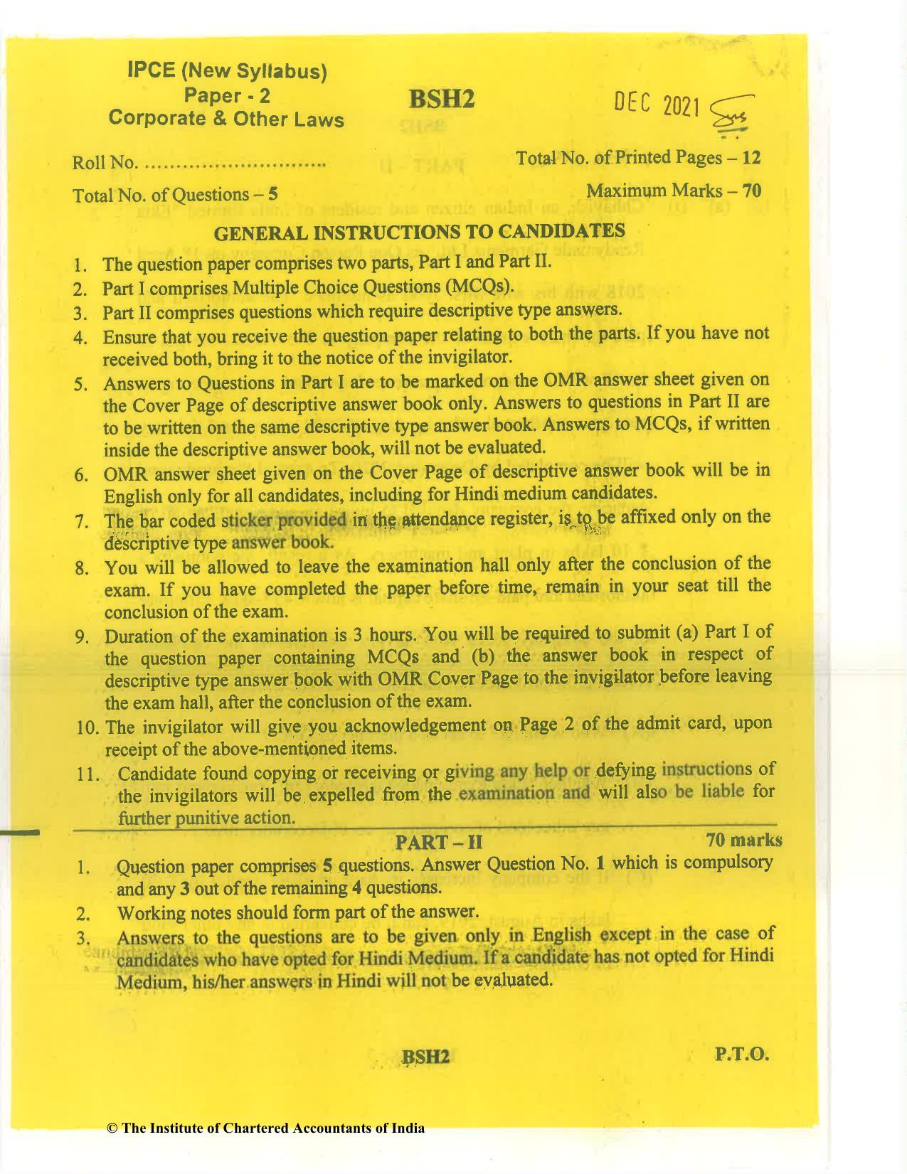 CA Inter Dec 2021 Question Paper - Paper 2 – Corporate and Other Laws - Page 1