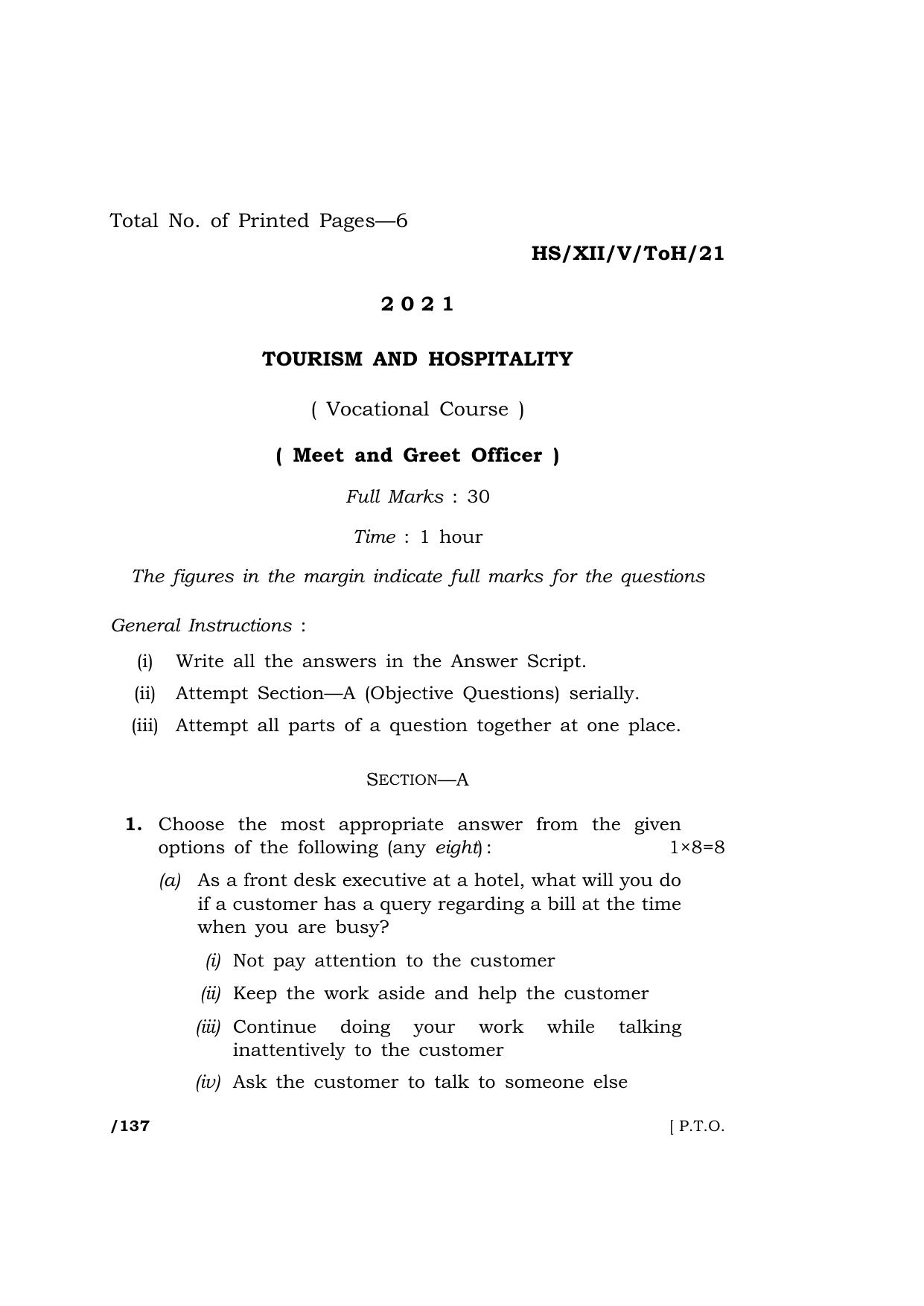 Meghalaya Board (MBOSE) Class 12 TOURISM AND HOSPITALITY  (HS-XII-V-ToH-21) 2021 Question Paper - Page 1