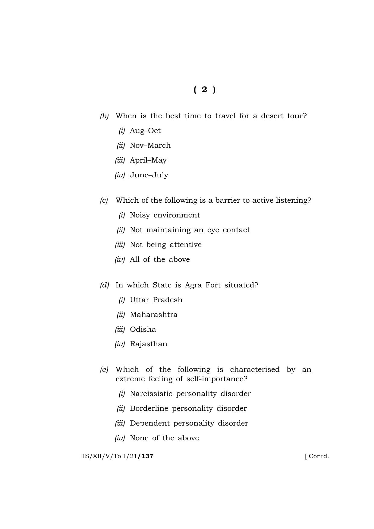 Meghalaya Board (MBOSE) Class 12 TOURISM AND HOSPITALITY  (HS-XII-V-ToH-21) 2021 Question Paper - Page 2