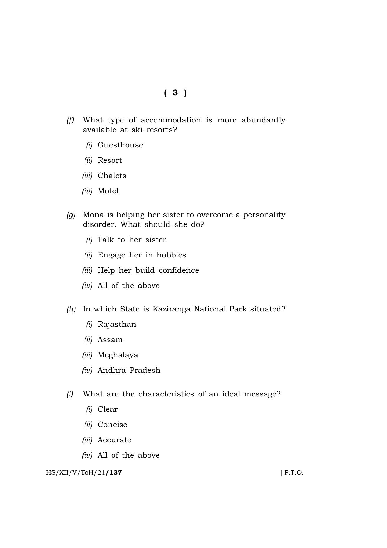 Meghalaya Board (MBOSE) Class 12 TOURISM AND HOSPITALITY  (HS-XII-V-ToH-21) 2021 Question Paper - Page 3