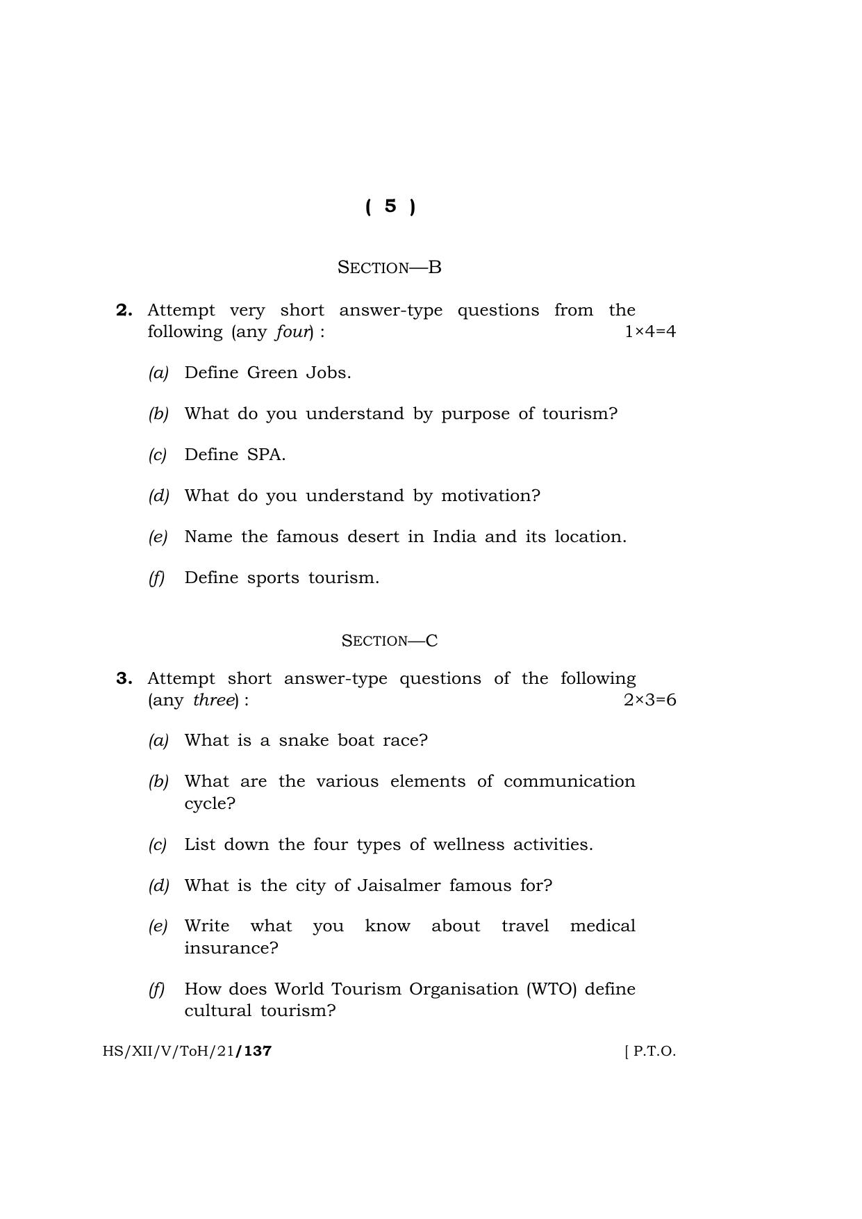 Meghalaya Board (MBOSE) Class 12 TOURISM AND HOSPITALITY  (HS-XII-V-ToH-21) 2021 Question Paper - Page 5