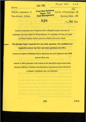 CA Final Nov 2019 Question Paper -Paper 6A – Risk Management