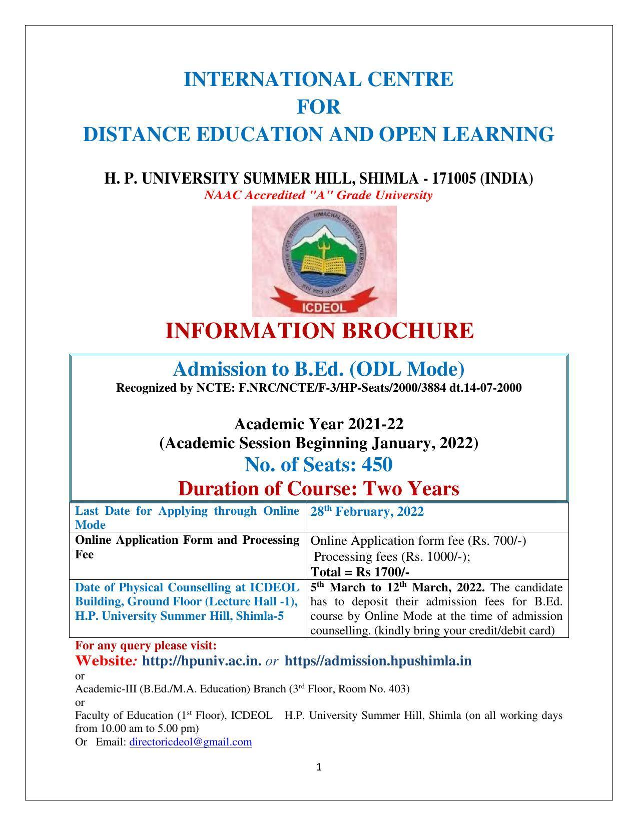Himachal Pradesh University (HPU), Shimla B.Ed 2021-22 (Prospectus) - Page 1