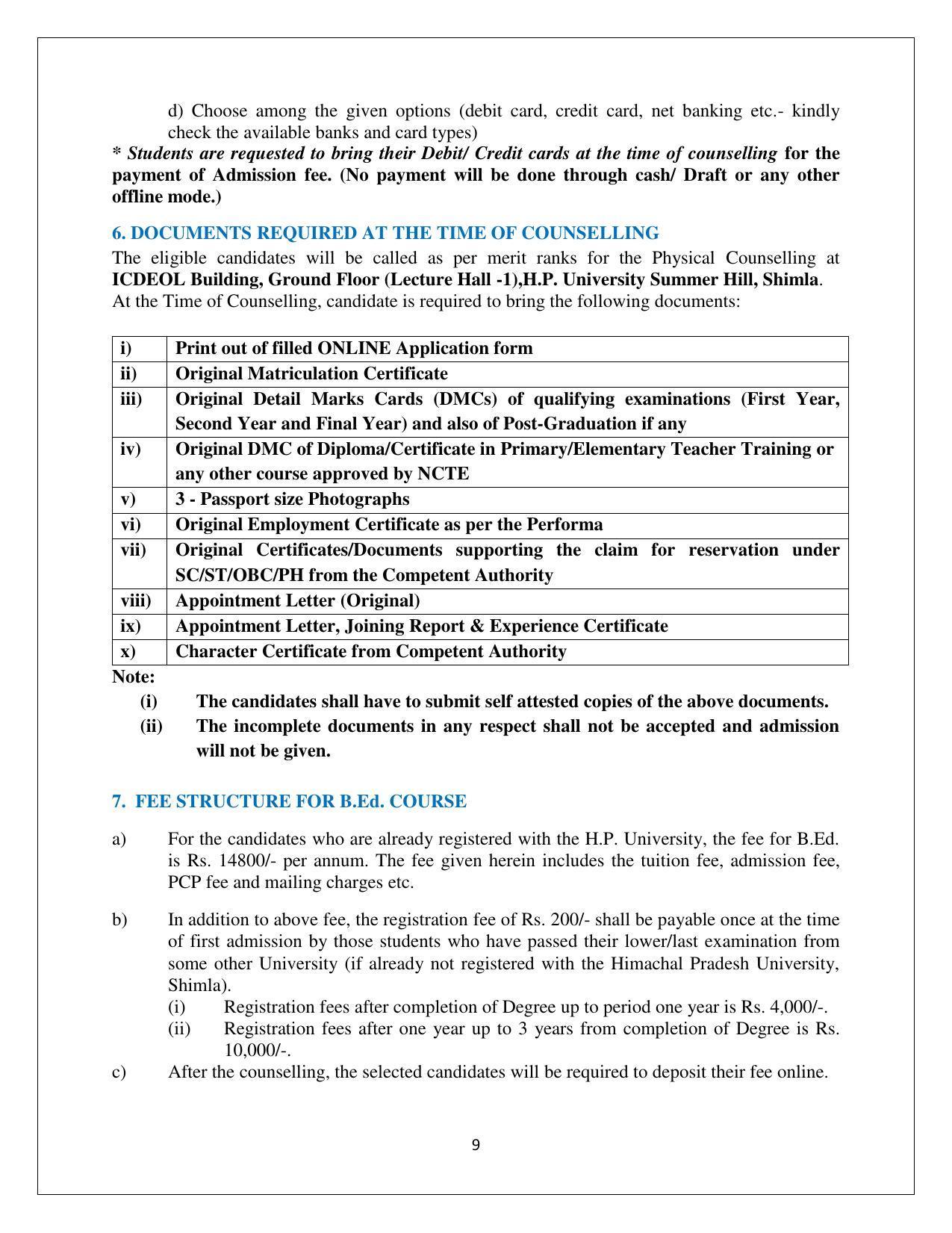 Himachal Pradesh University (HPU), Shimla B.Ed 2021-22 (Prospectus) - Page 9