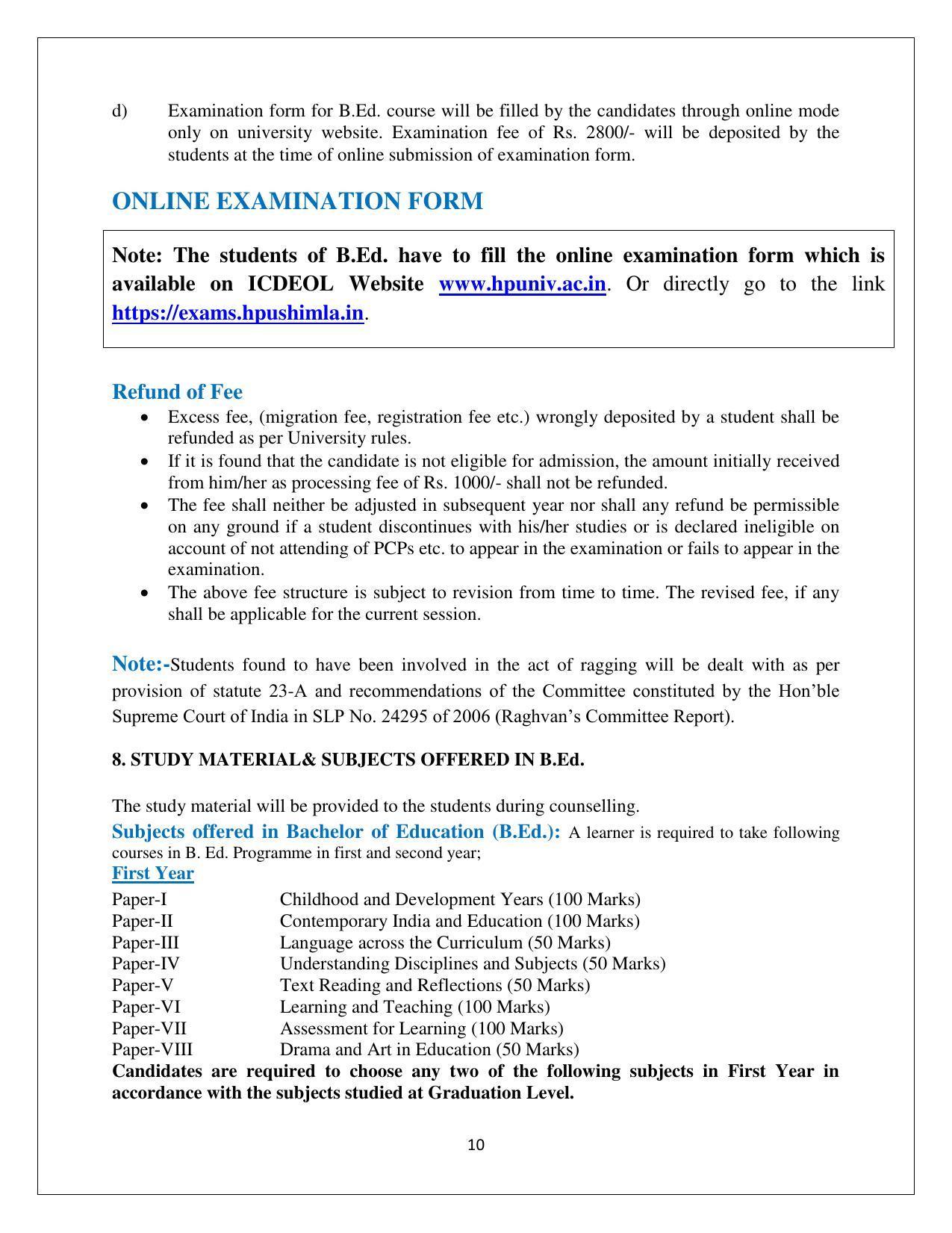 Himachal Pradesh University (HPU), Shimla B.Ed 2021-22 (Prospectus) - Page 10