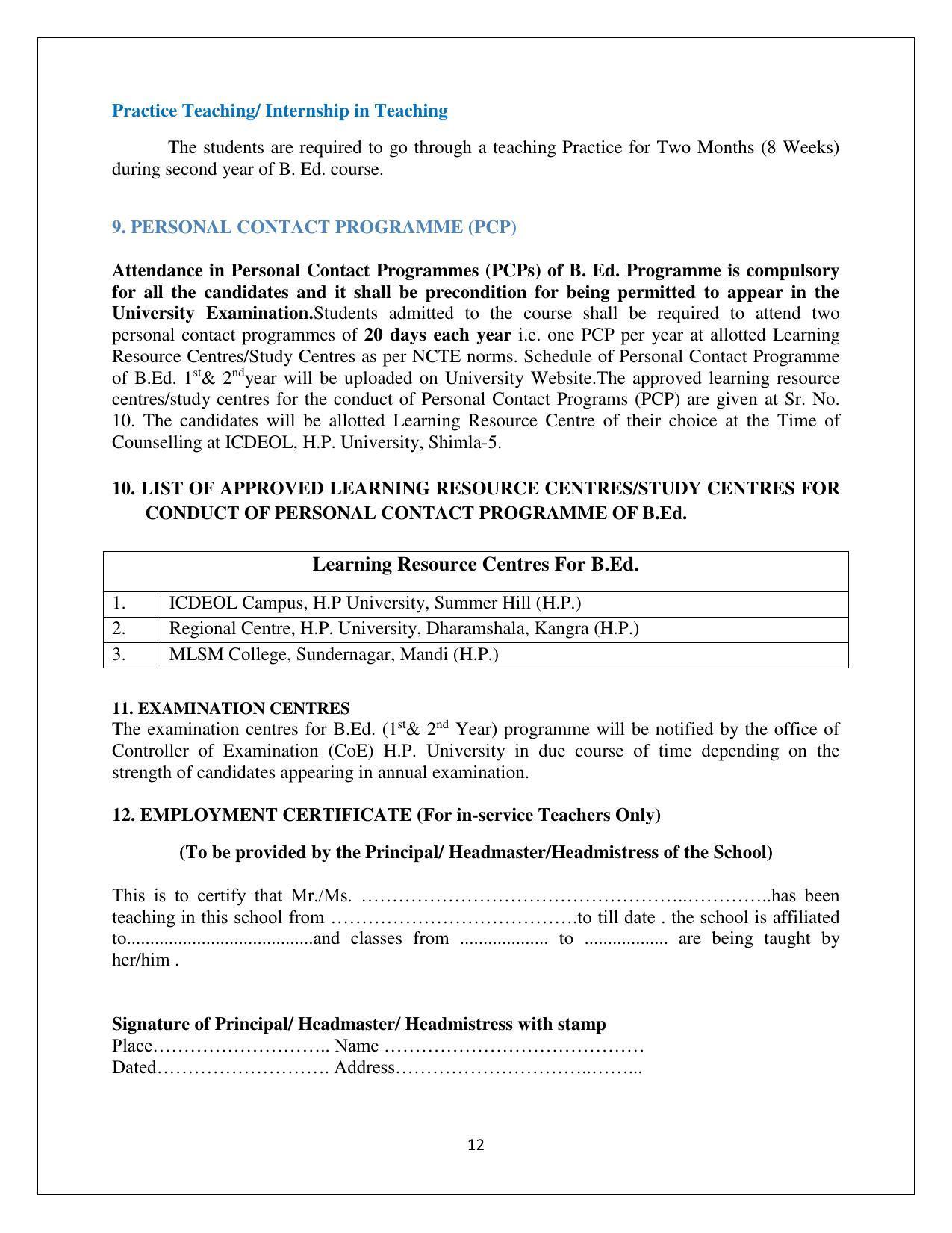 Himachal Pradesh University (HPU), Shimla B.Ed 2021-22 (Prospectus) - Page 12
