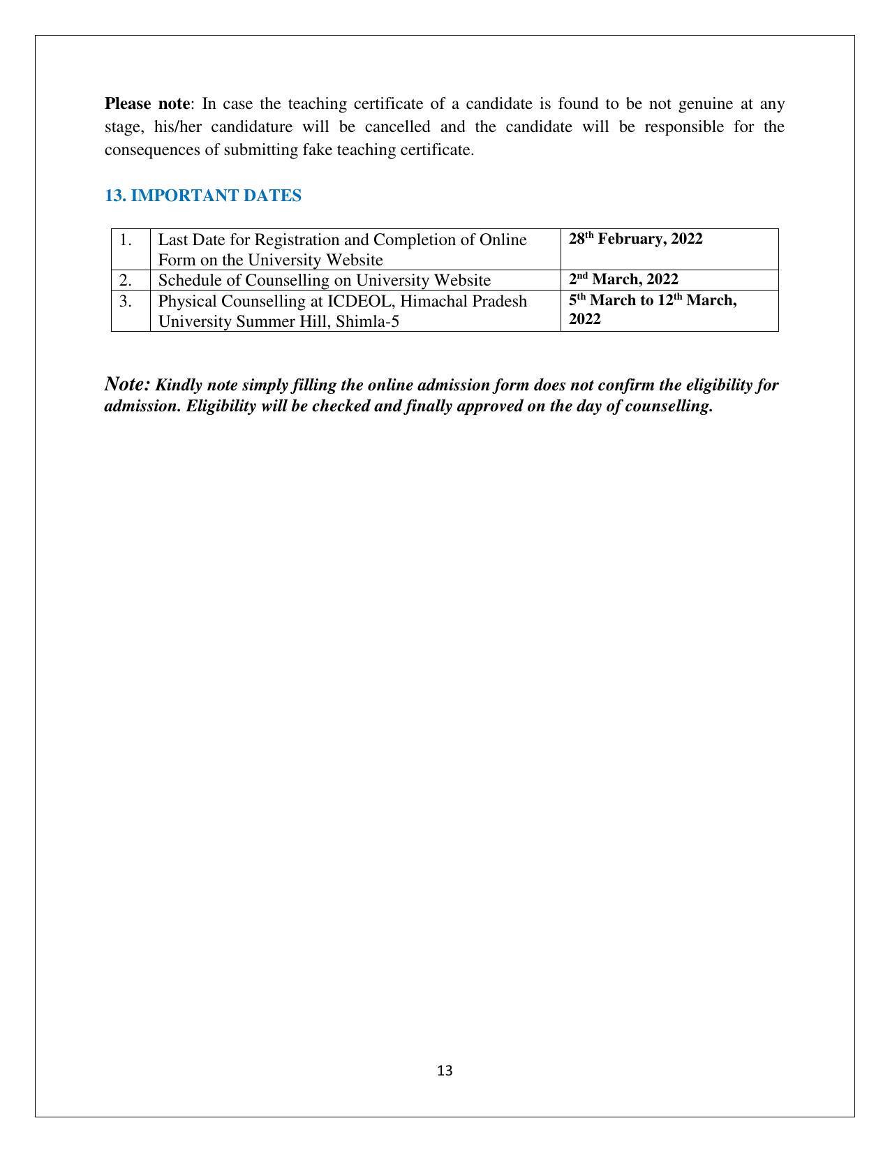 Himachal Pradesh University (HPU), Shimla B.Ed 2021-22 (Prospectus) - Page 13