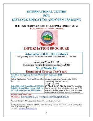 Himachal Pradesh University (HPU), Shimla  B.Ed 2021-22 (Prospectus)