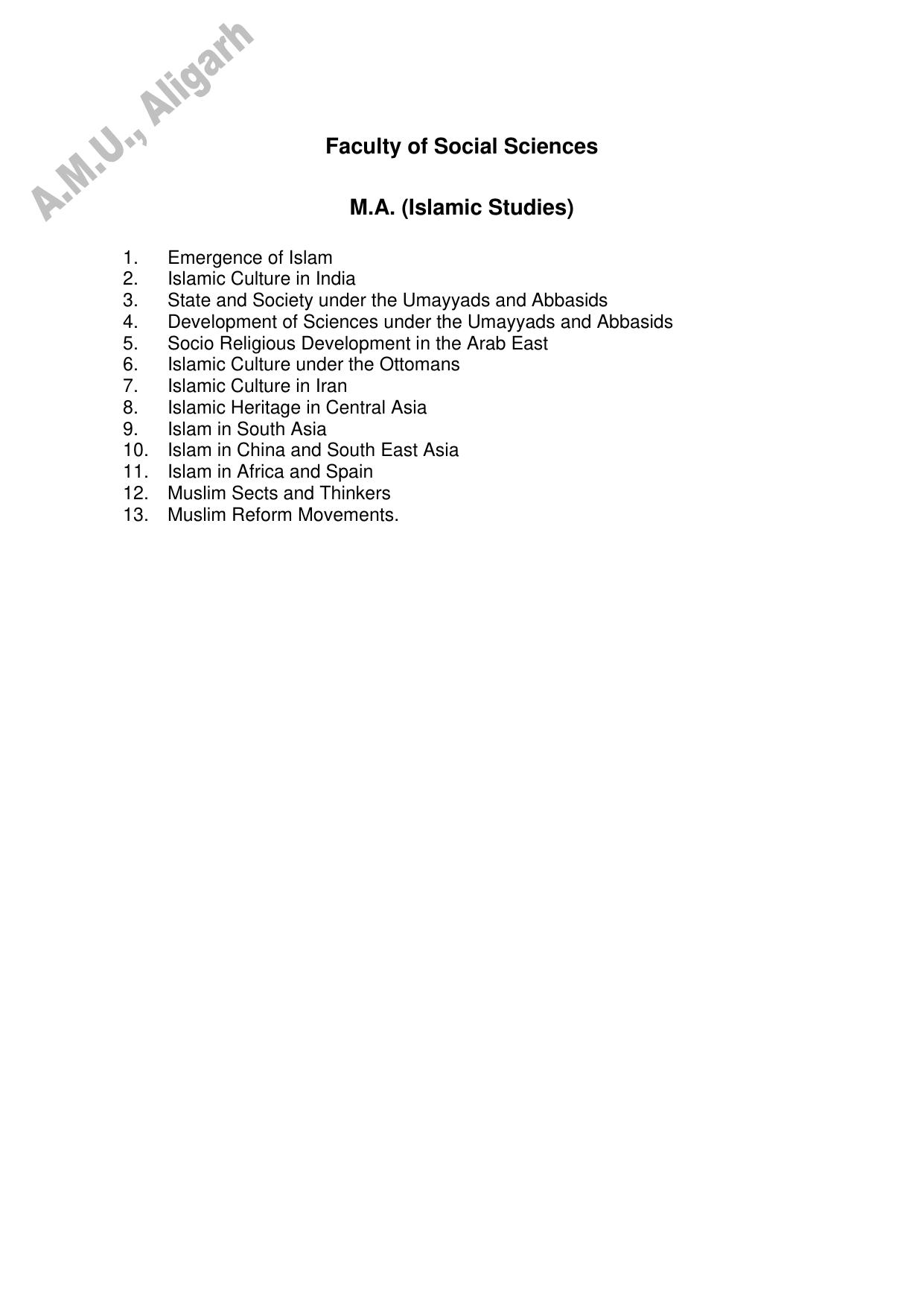 AMU Entrance Exam: M.A. Islamic Studies Syllabus - Page 1