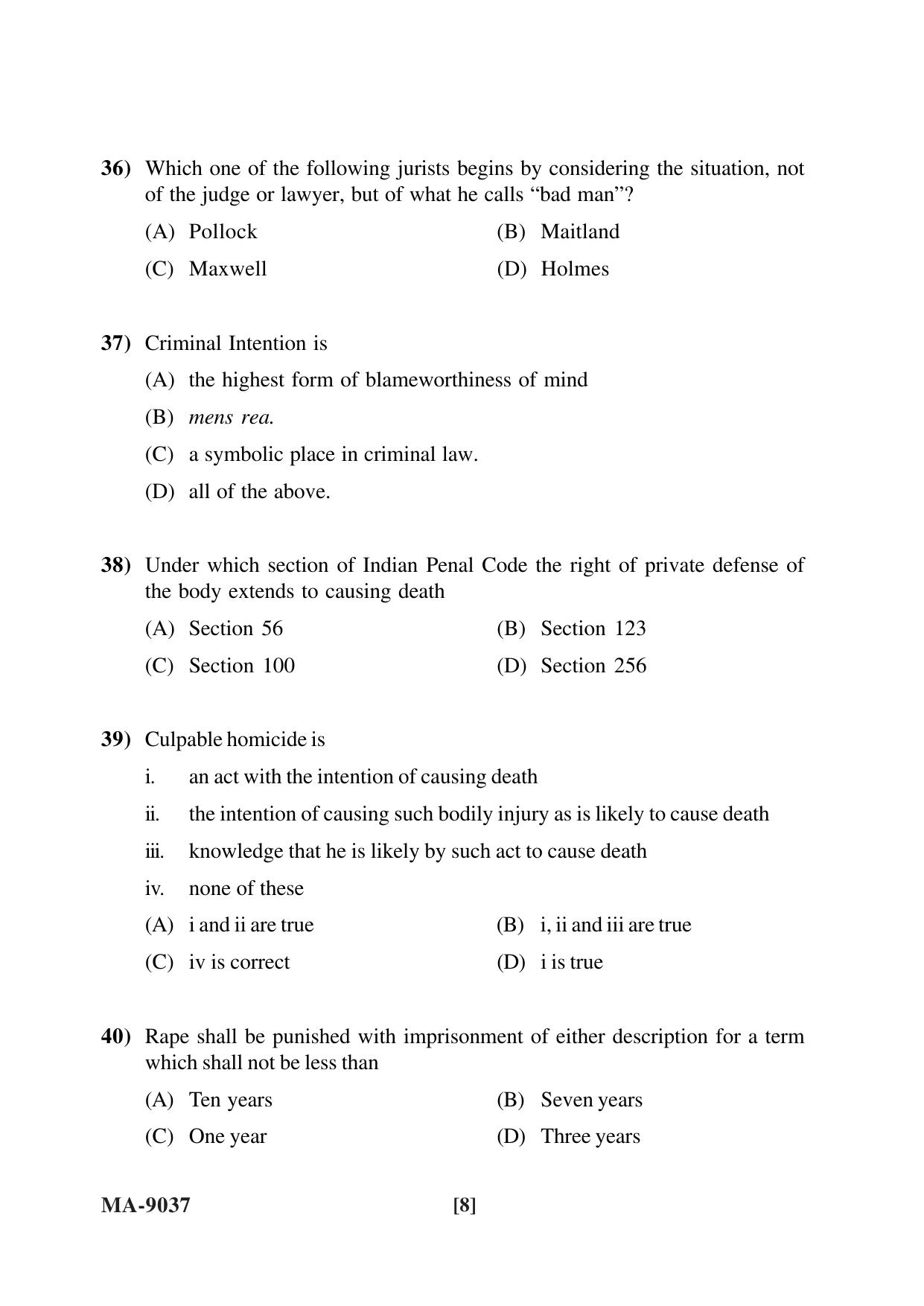 Mysore University PG Entrance Exam 2022: L.L.M. Law Question Paper - Page 8