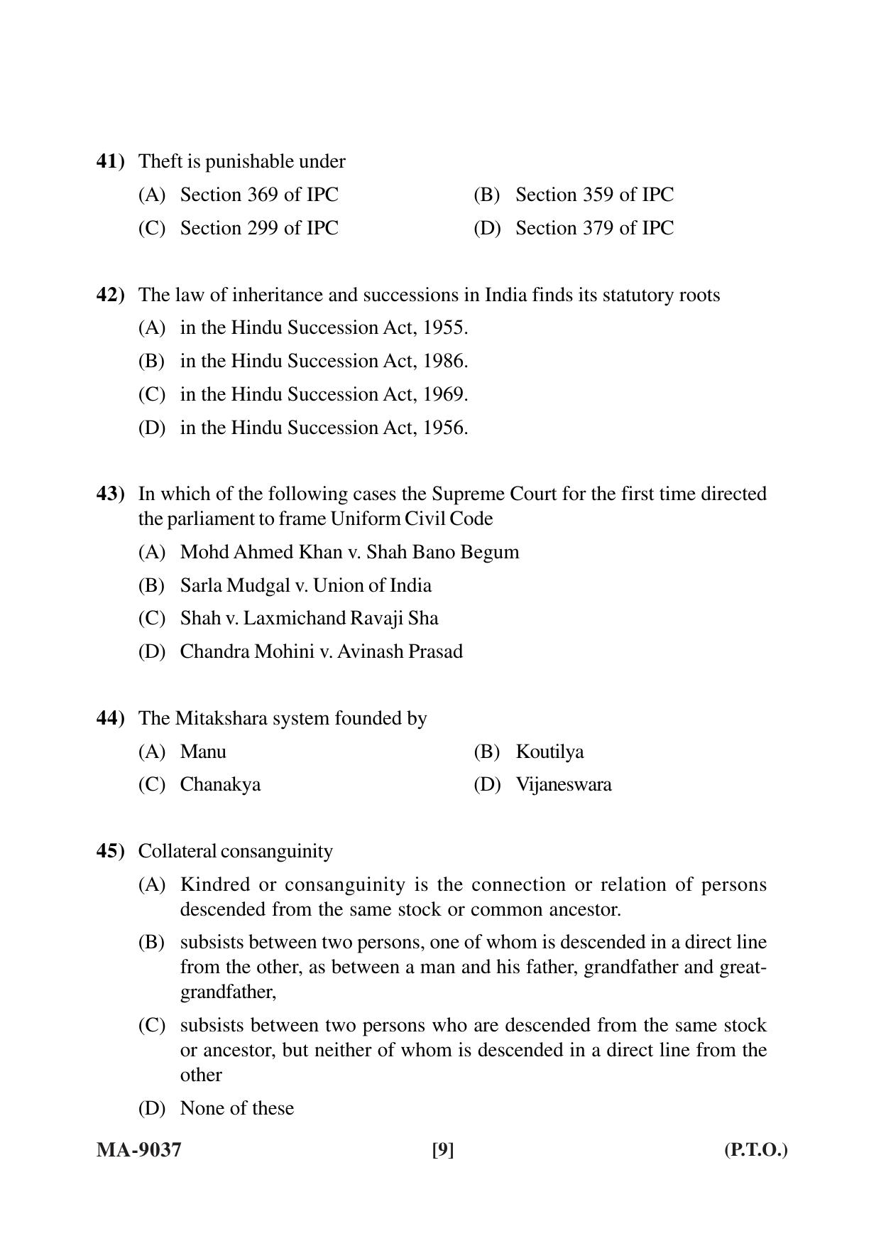 Mysore University PG Entrance Exam 2022: L.L.M. Law Question Paper - Page 9