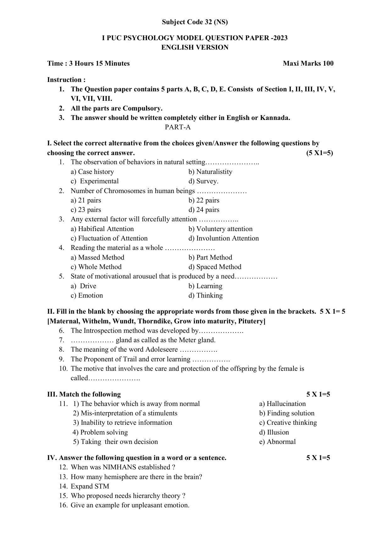 Karnataka 1st PUC PSYCHOLOGY Model Question Paper - Page 5