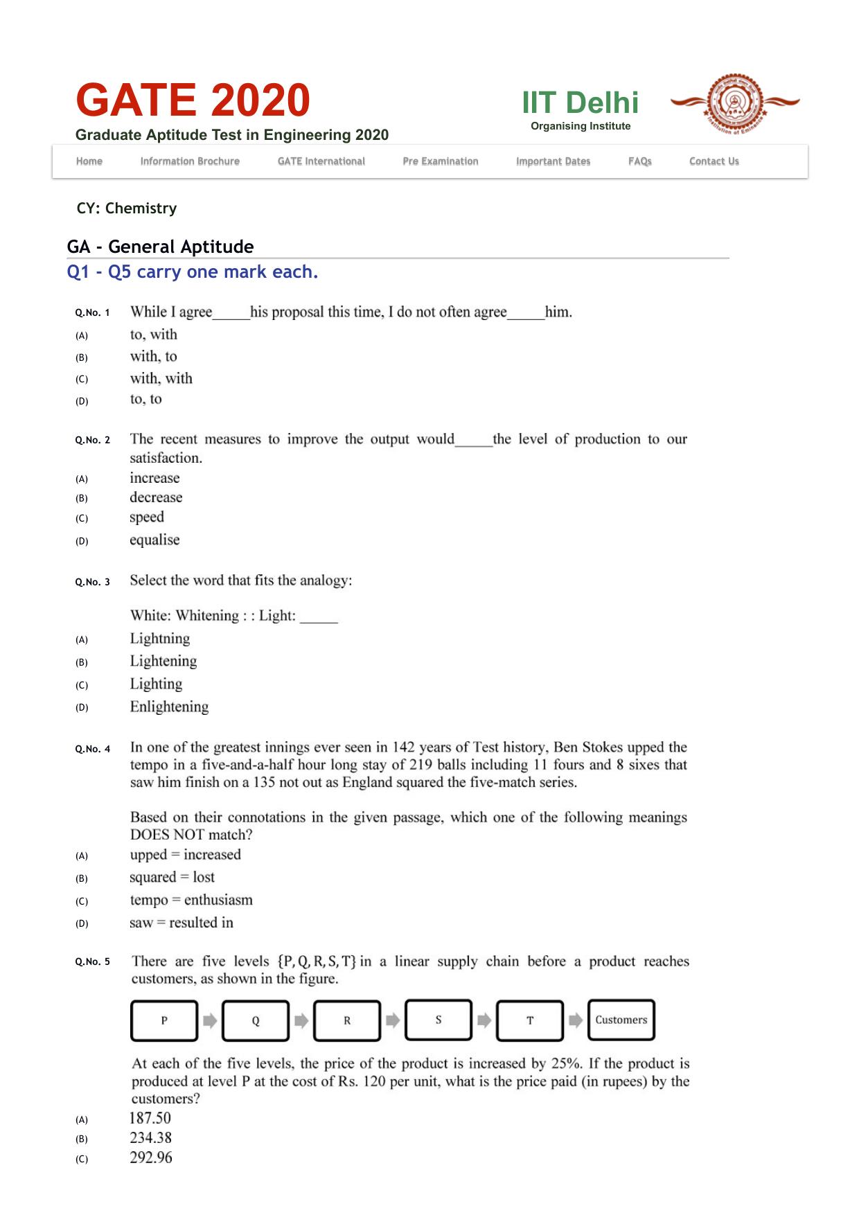 GATE 2020 Chemistry (CY) Question Paper - Page 1