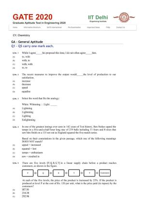 GATE 2020 Chemistry (CY) Question Paper