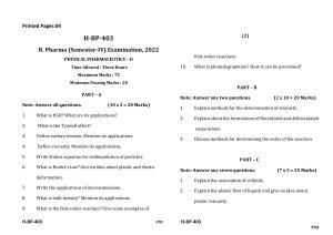 Sarguja University Question Paper July-2022 :   Bachelor Of Pharmacy(Sem.-IV) Physical Pharmaceutics-II Paper 1