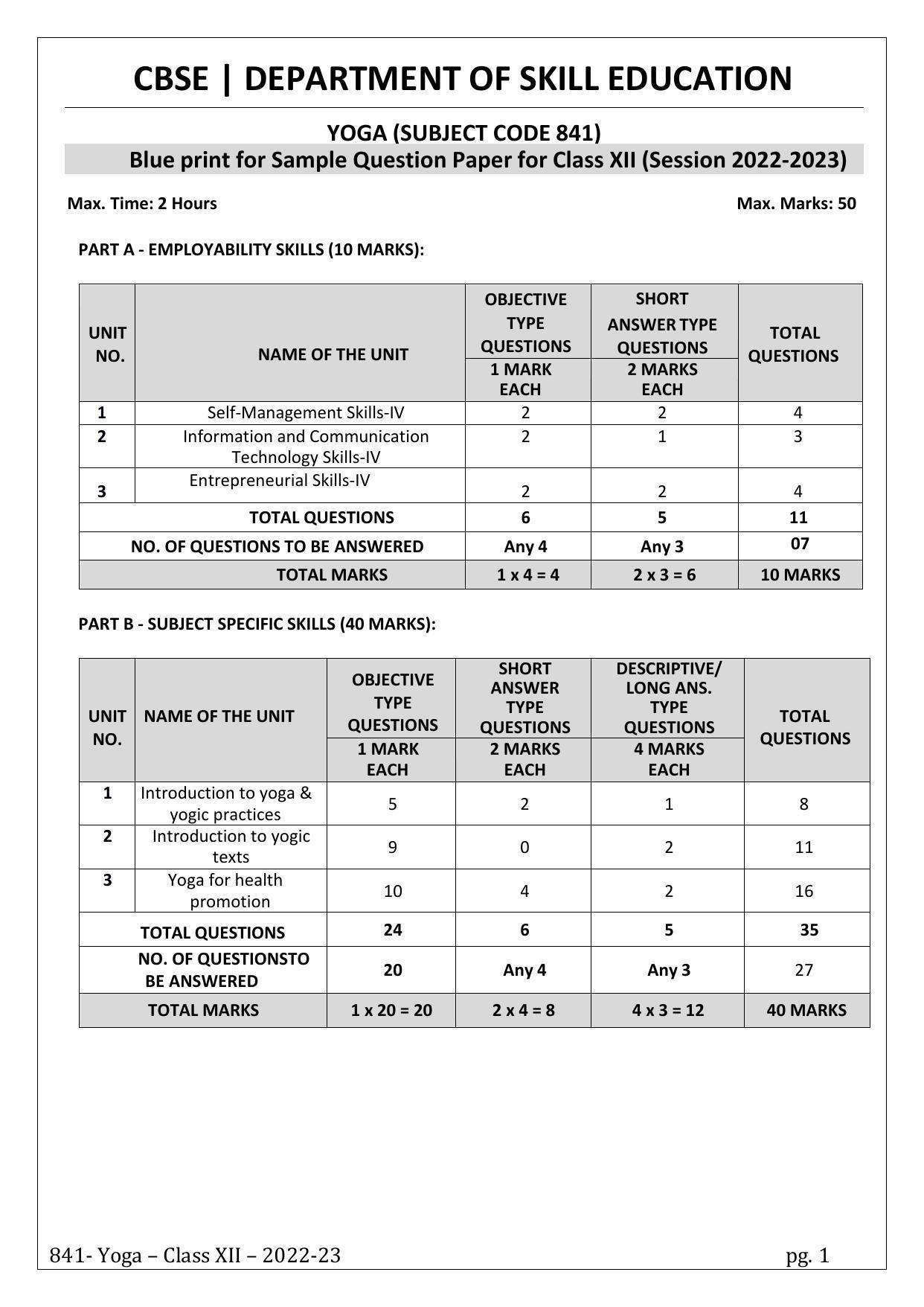 CBSE Class 12 Yoga (Skill Education) Sample Papers 2023 - Page 1