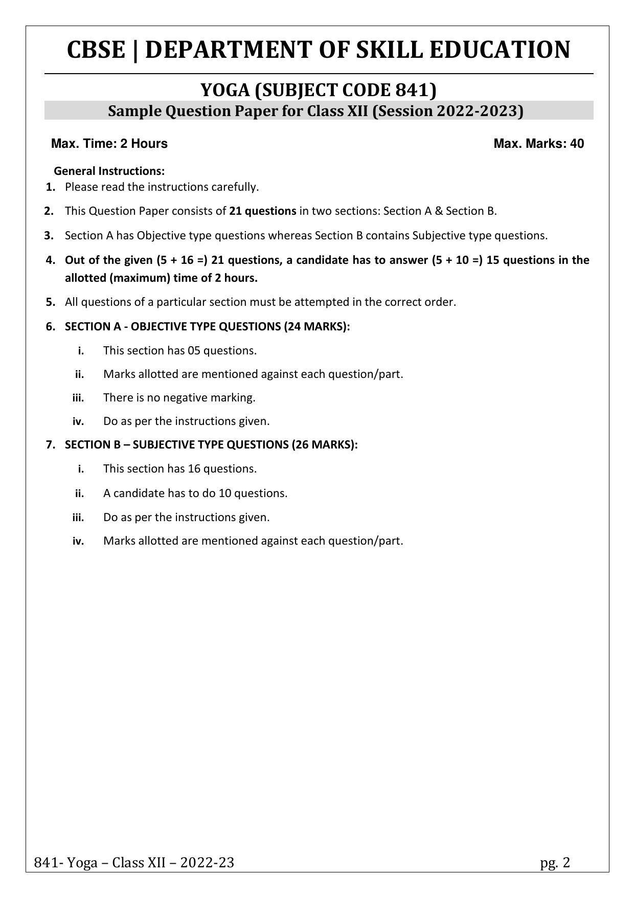 CBSE Class 12 Yoga (Skill Education) Sample Papers 2023 - Page 2