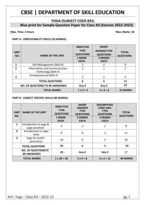 CBSE Class 12 Yoga (Skill Education) Sample Papers 2023