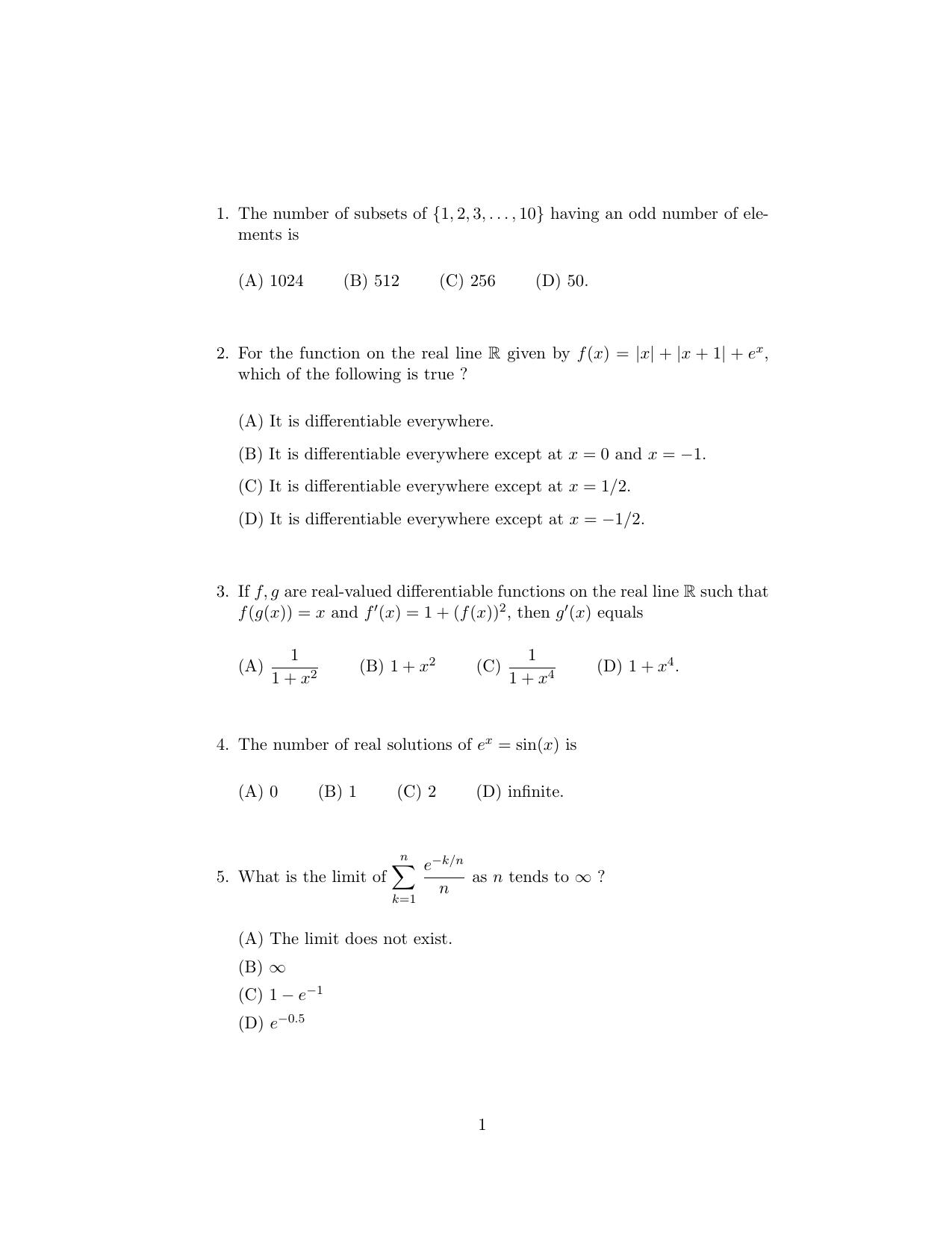 ISI Admission Test B.Stat UGA 2020 Sample Paper - Page 1