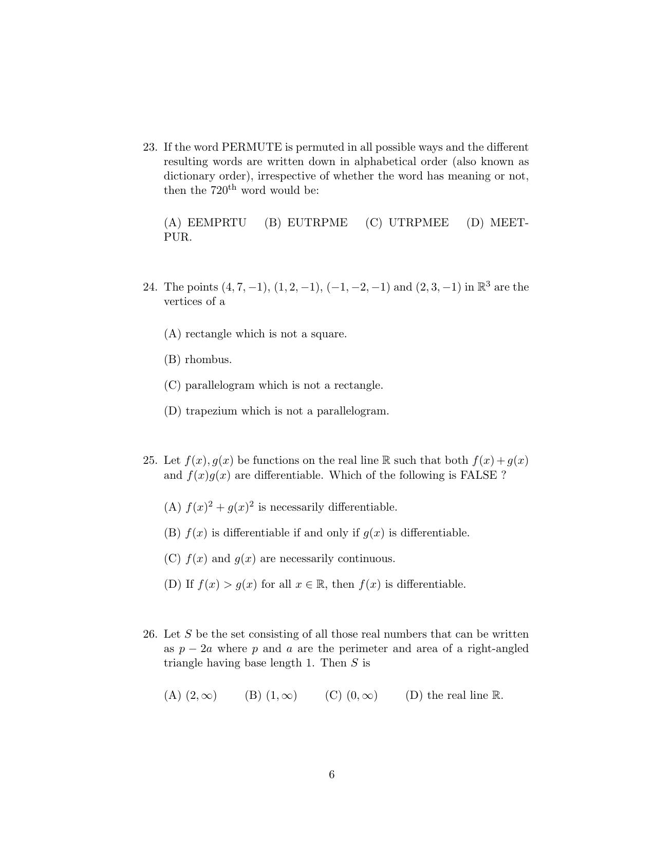 ISI Admission Test B.Stat UGA 2020 Sample Paper - Page 6