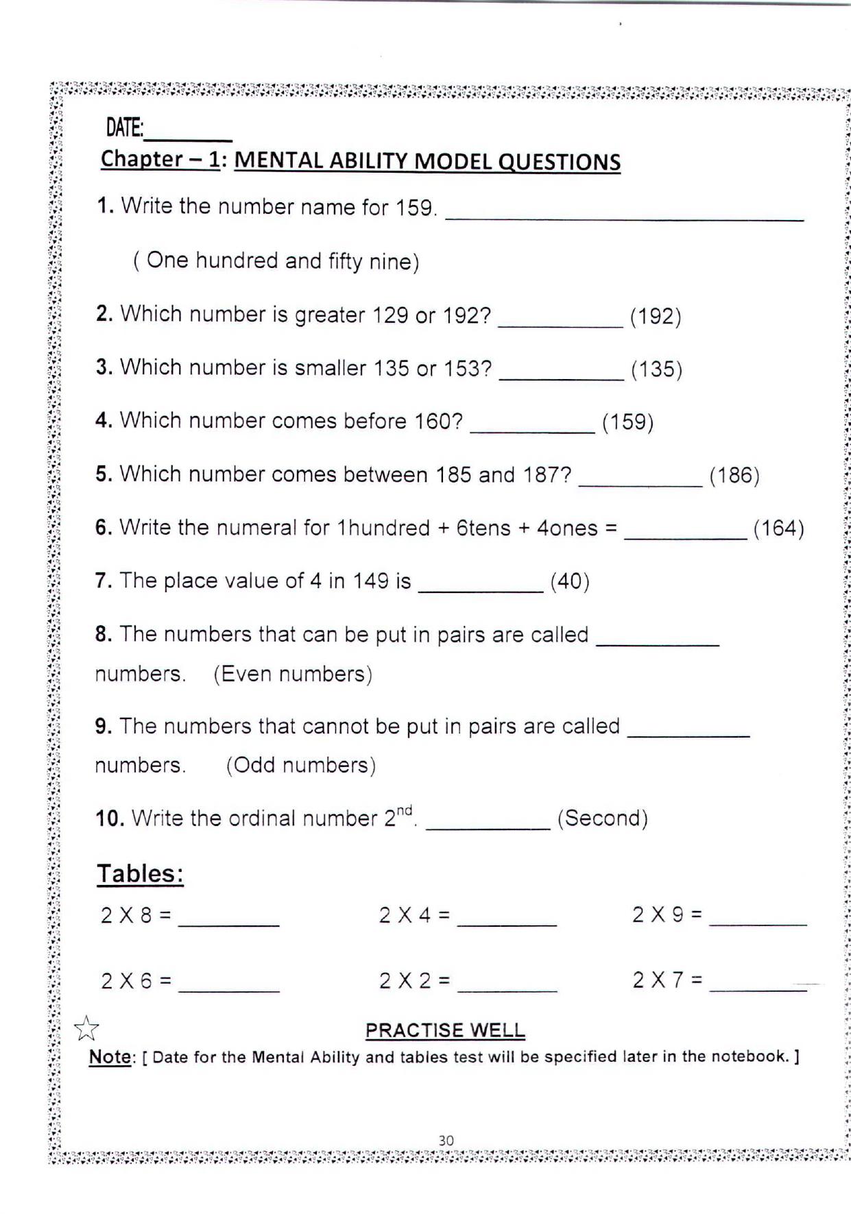 Worksheets for Class 2 Maths Assignment 145 Mental Ability - Page 1