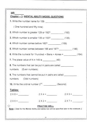Worksheets for Class 2 Maths Assignment 145 Mental Ability