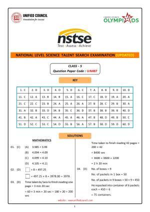 NSTSE 2023 Class 5 Answer Key (Paper Code 487)