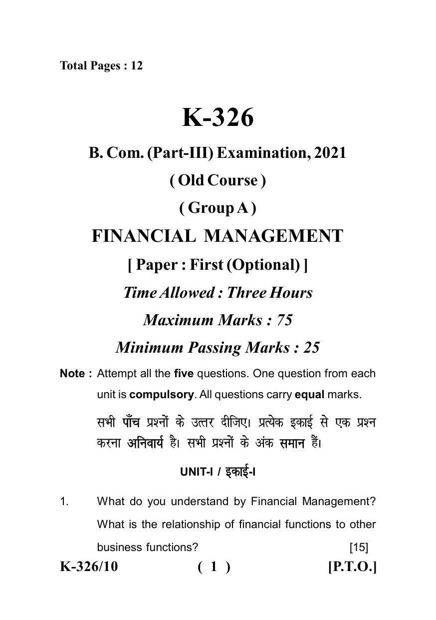 Sarguja University Question Paper - 2022 : B.Com. Part Three (10+2+3) 3 Y DC (Old Course )(I) Financial Management Paper I - Page 1