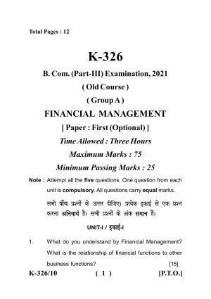 Sarguja University Question Paper - 2022 :   B.Com. Part Three (10+2+3) 3 Y DC (Old Course )(I) Financial Management Paper I