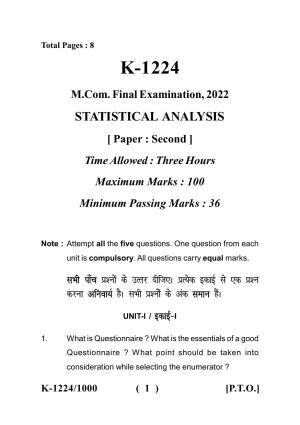 Sarguja University Question Paper - 2022 :   M.Com. (Final) Statistical Analysis Paper I