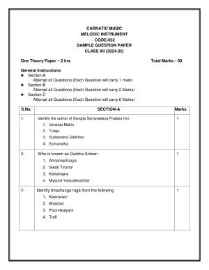 CBSE Class 12 Carnatic Melodic Sample Question Paper 2024-25