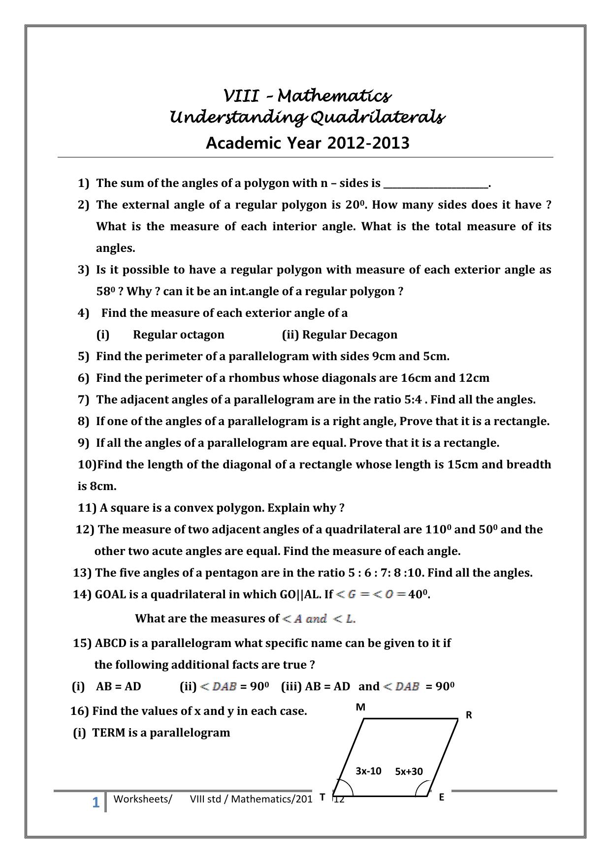 CBSE Worksheets for Class 8 Mathematics Understanding Quadrilaterals Assignment 7 - Page 1