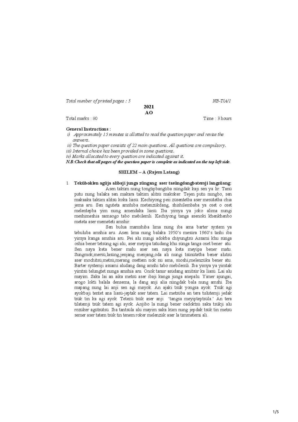 Nagaland Board Class 10 AO 2021 Question Paper - Page 1