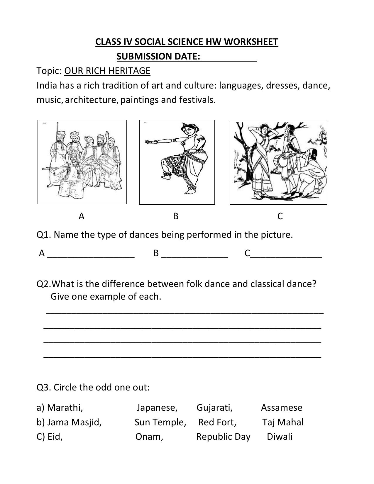 Worksheet for Class 4 Social Science Our Rich Heritage Assignment - Page 1