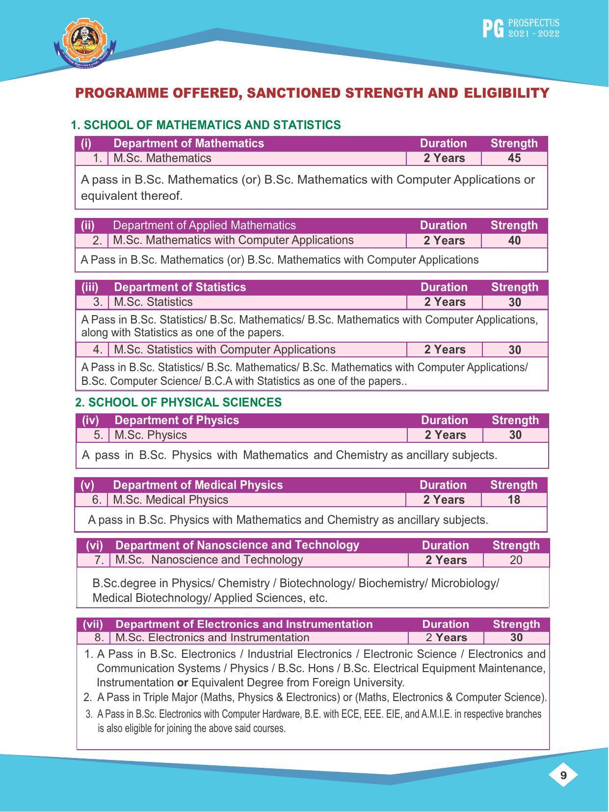 Bharathiar University, Coimbatore PG Prospectus 2021-22 - Page 9