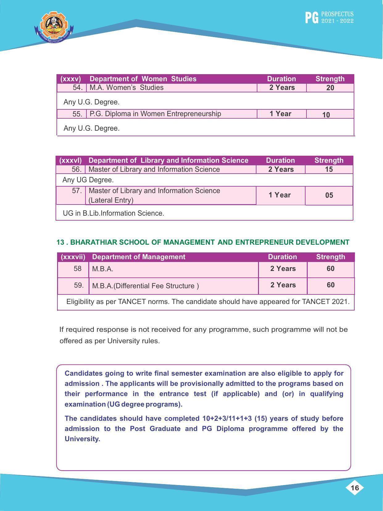 Bharathiar University, Coimbatore PG Prospectus 2021-22 - Page 16