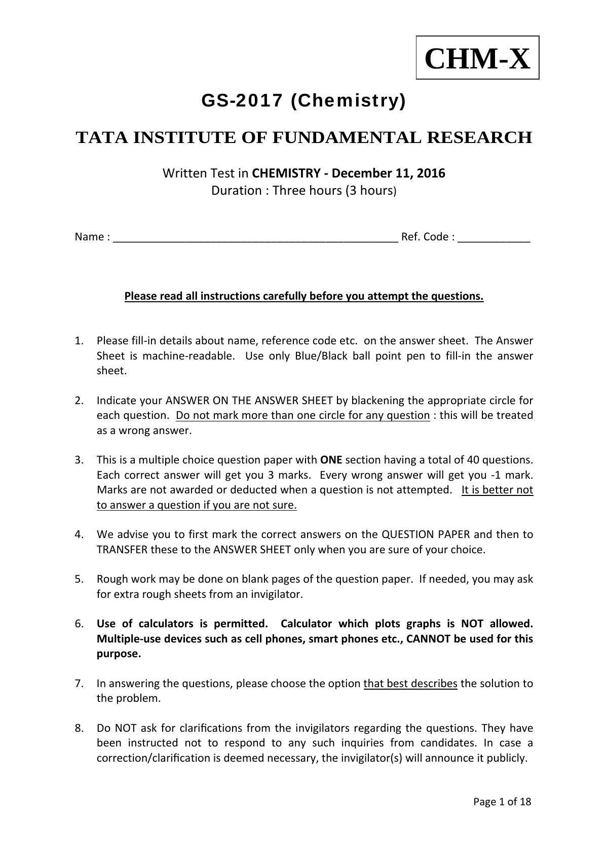 TIFR GS 2017 Chemistry X Question Paper - Page 1
