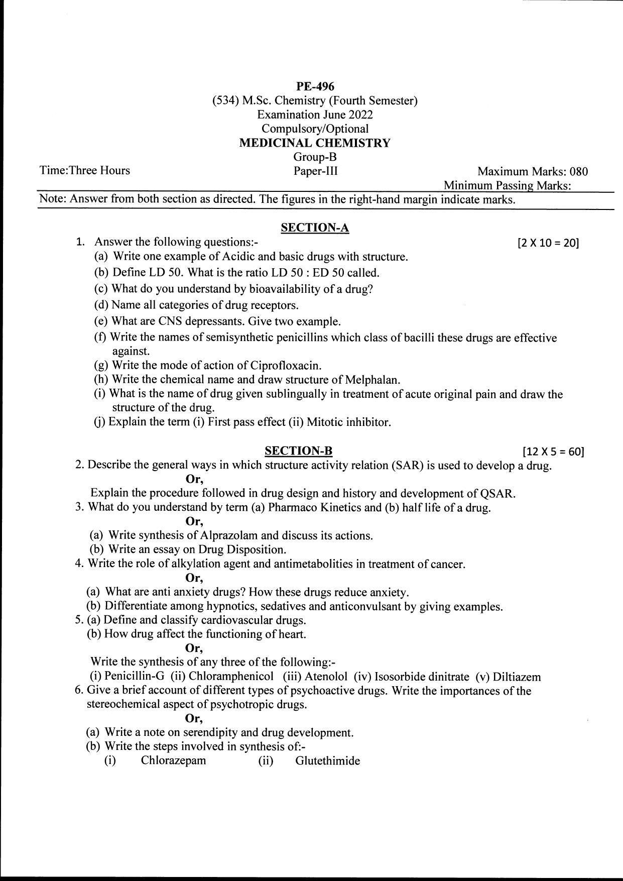 Bilaspur University Question Paper June 2022: M.Sc. Chemistry (Fourth Semester) Medicinal Chemistry Paper 1 - Page 1