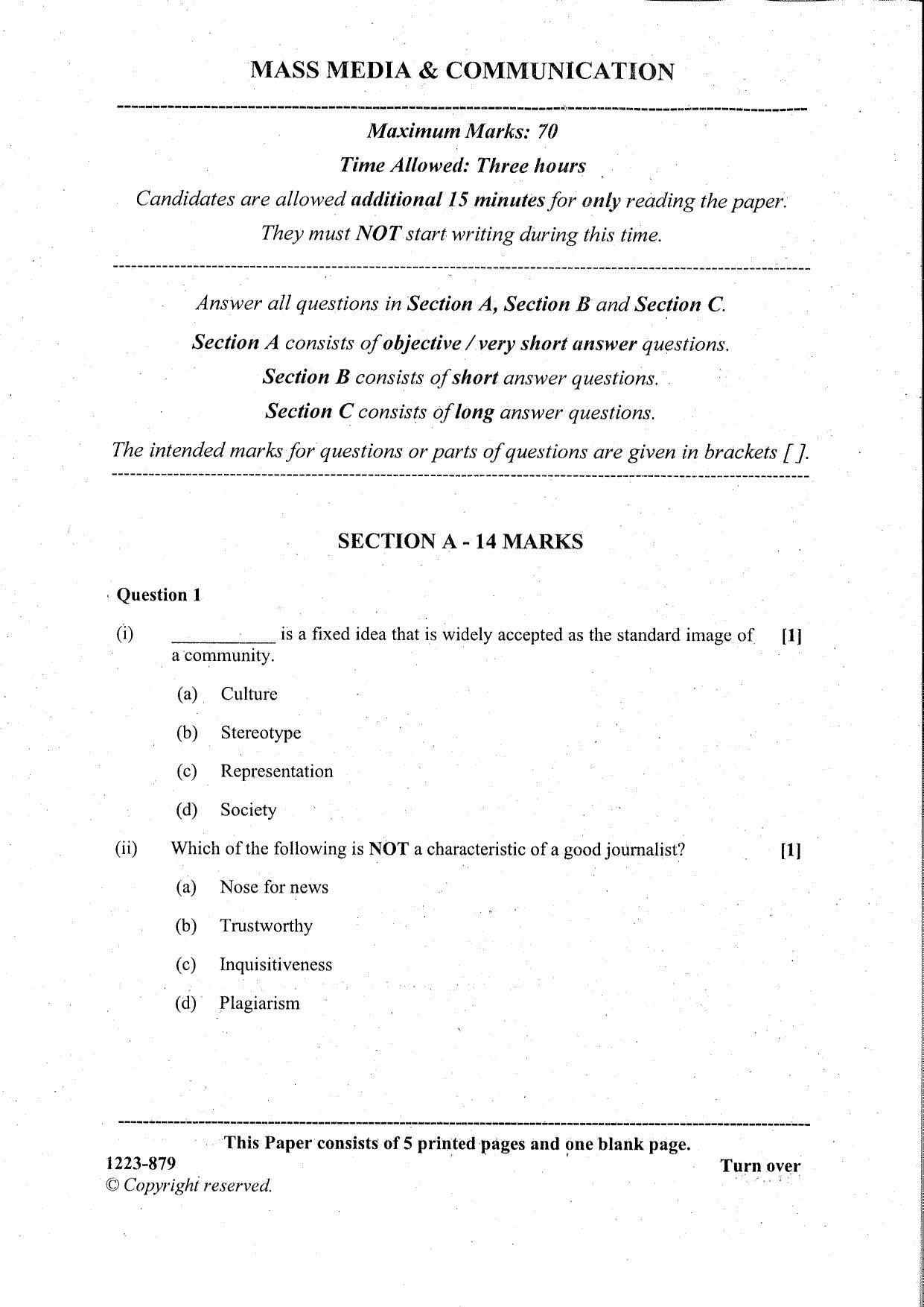 ISC Class 12  Mass Media & Communication 2023 Question Paper - Page 1