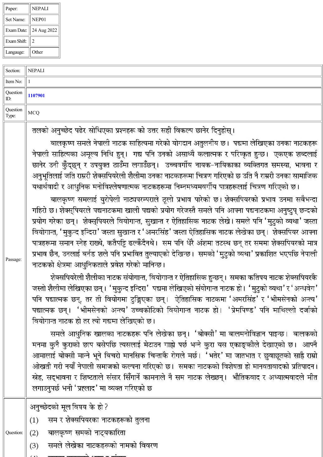 CUET 2022 Question Paper of Nepali - Page 1