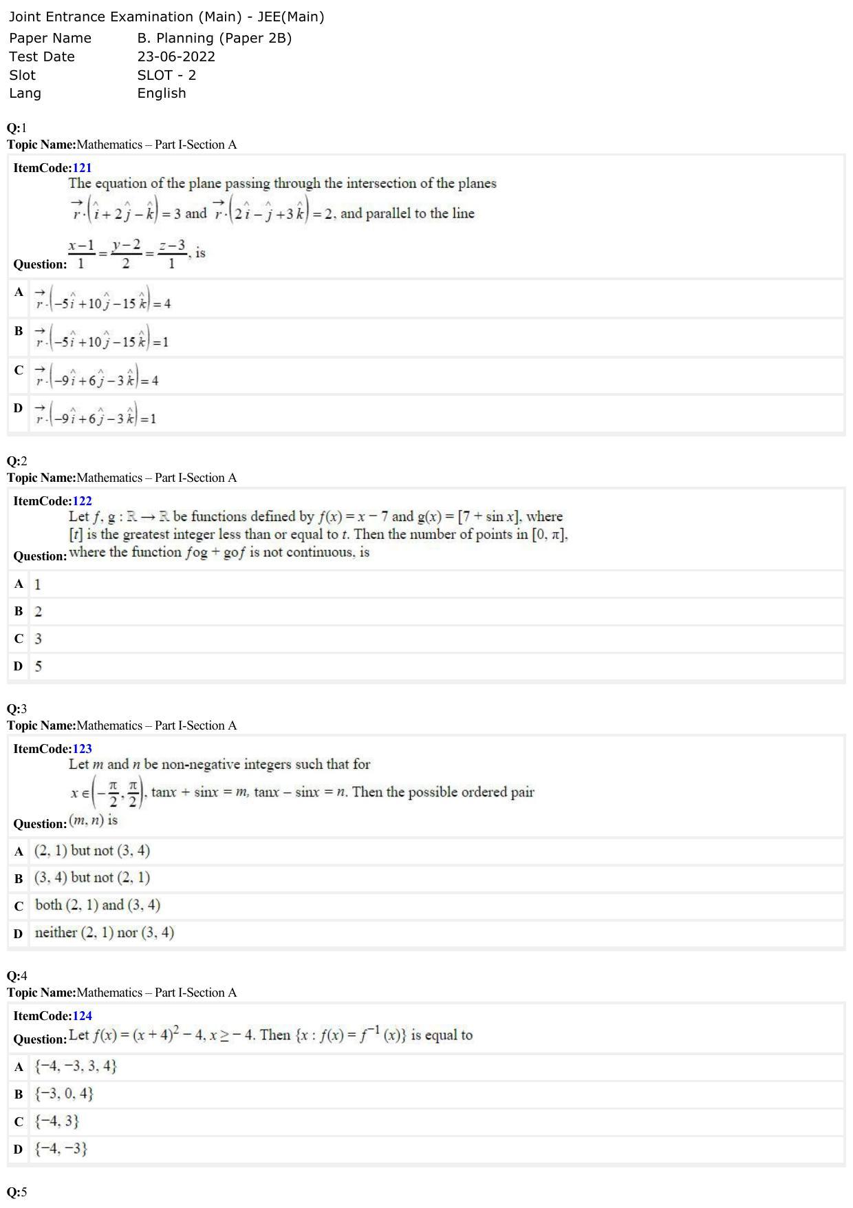 JEE Mains 2022: B Planning English (Shift 2) 23-06-2022 Question Paper - Page 1