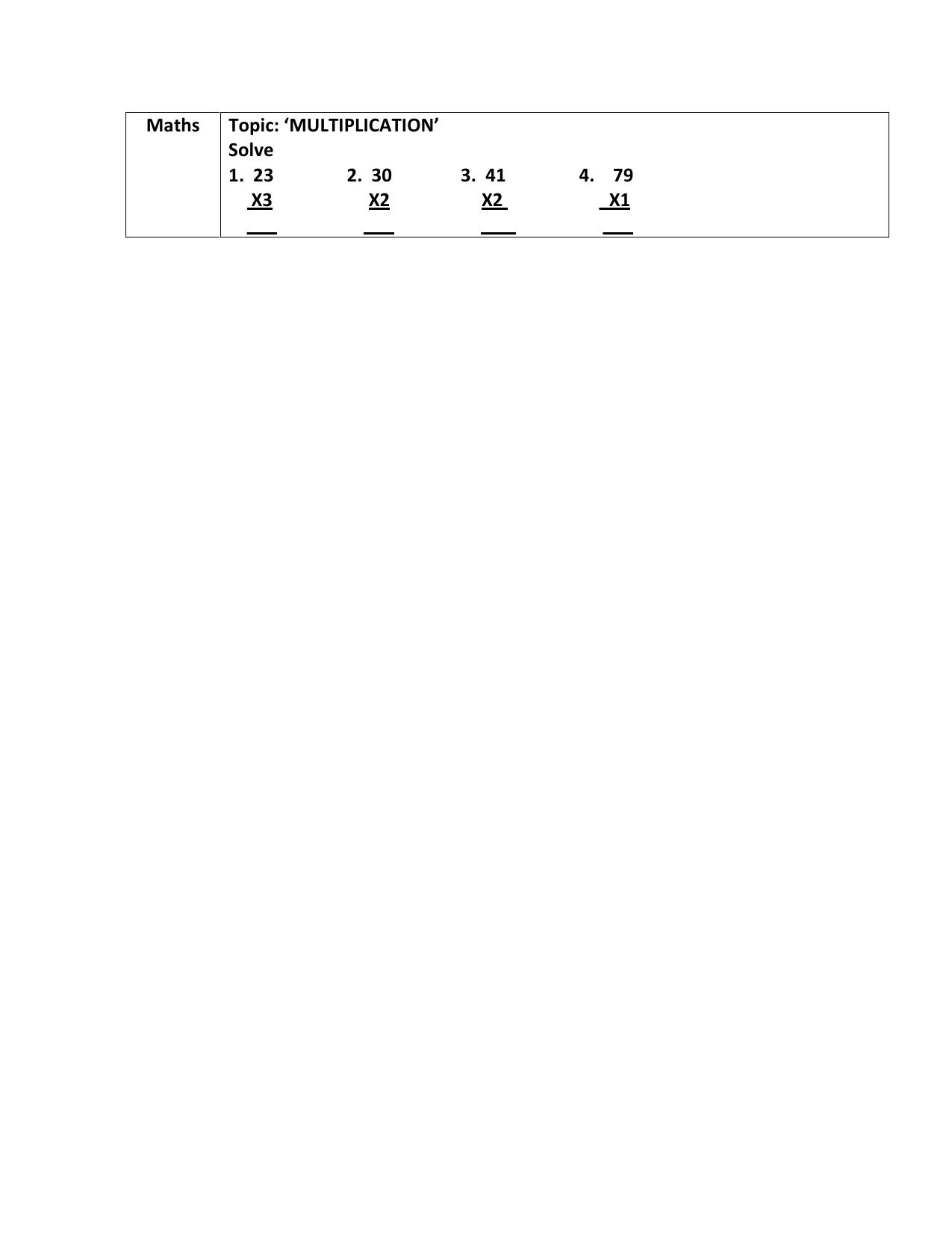 Worksheets for Class 2 Maths Assignment 100 Multiplication - Page 1