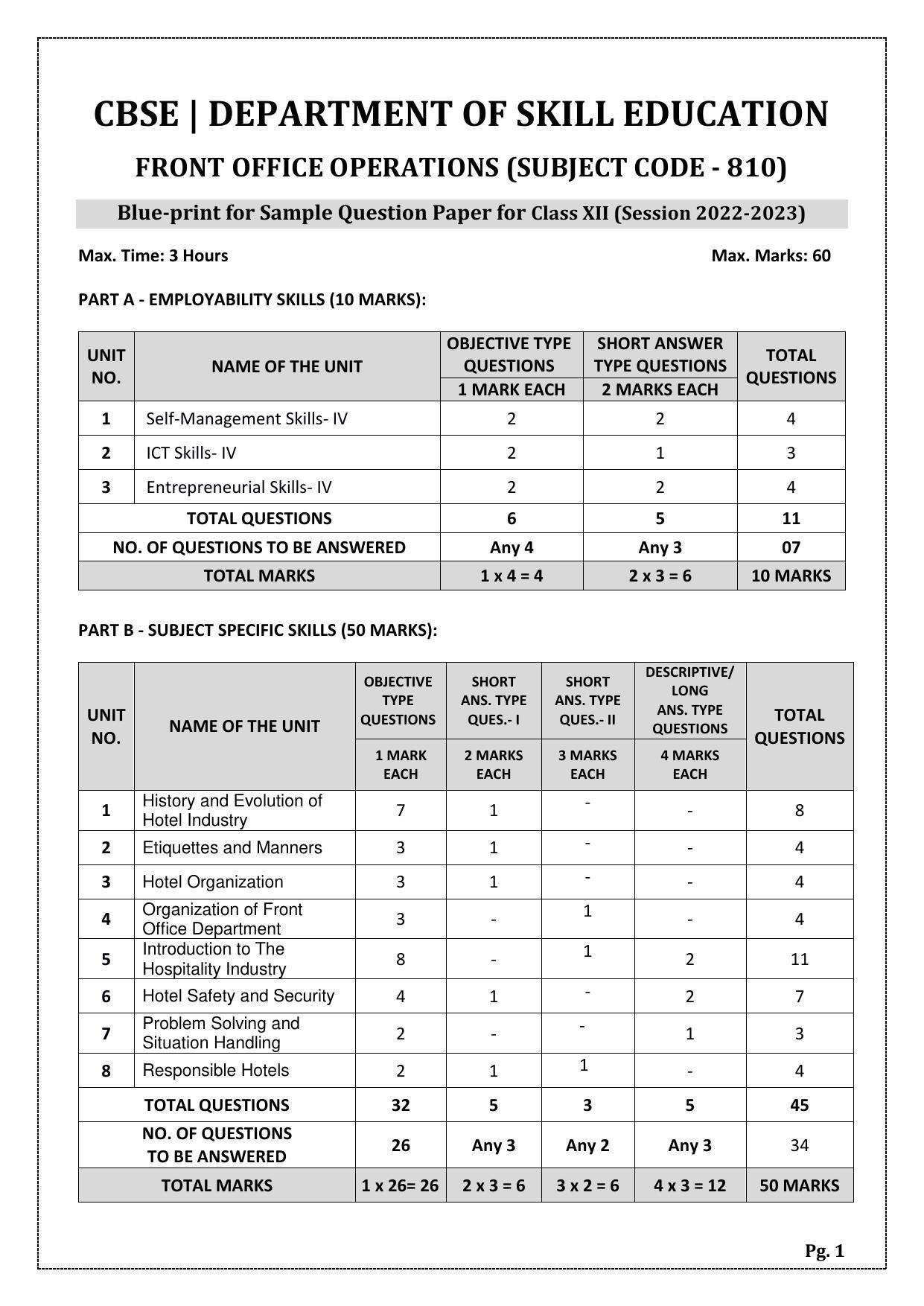CBSE Class 12 Front Office Operations (Skill Education) Sample Papers 2023 - Page 1