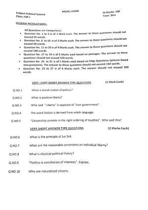 JKBOSE Class 11 Political Science Model Question Paper 2023