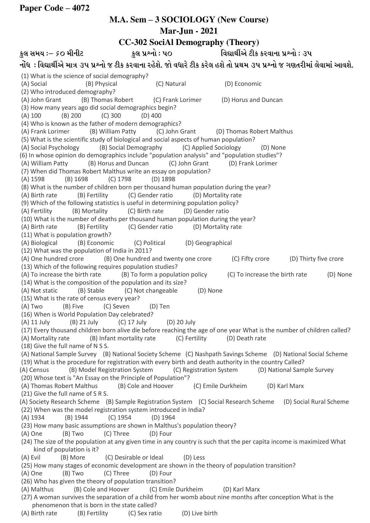 Hemchand North Gujarat University Sample Paper Mar-Jun 2021: M.A. Sem – 3 Sociology-CC-302 Social Demography (Theory) Paper Code – 4072 (New Course) - Page 1