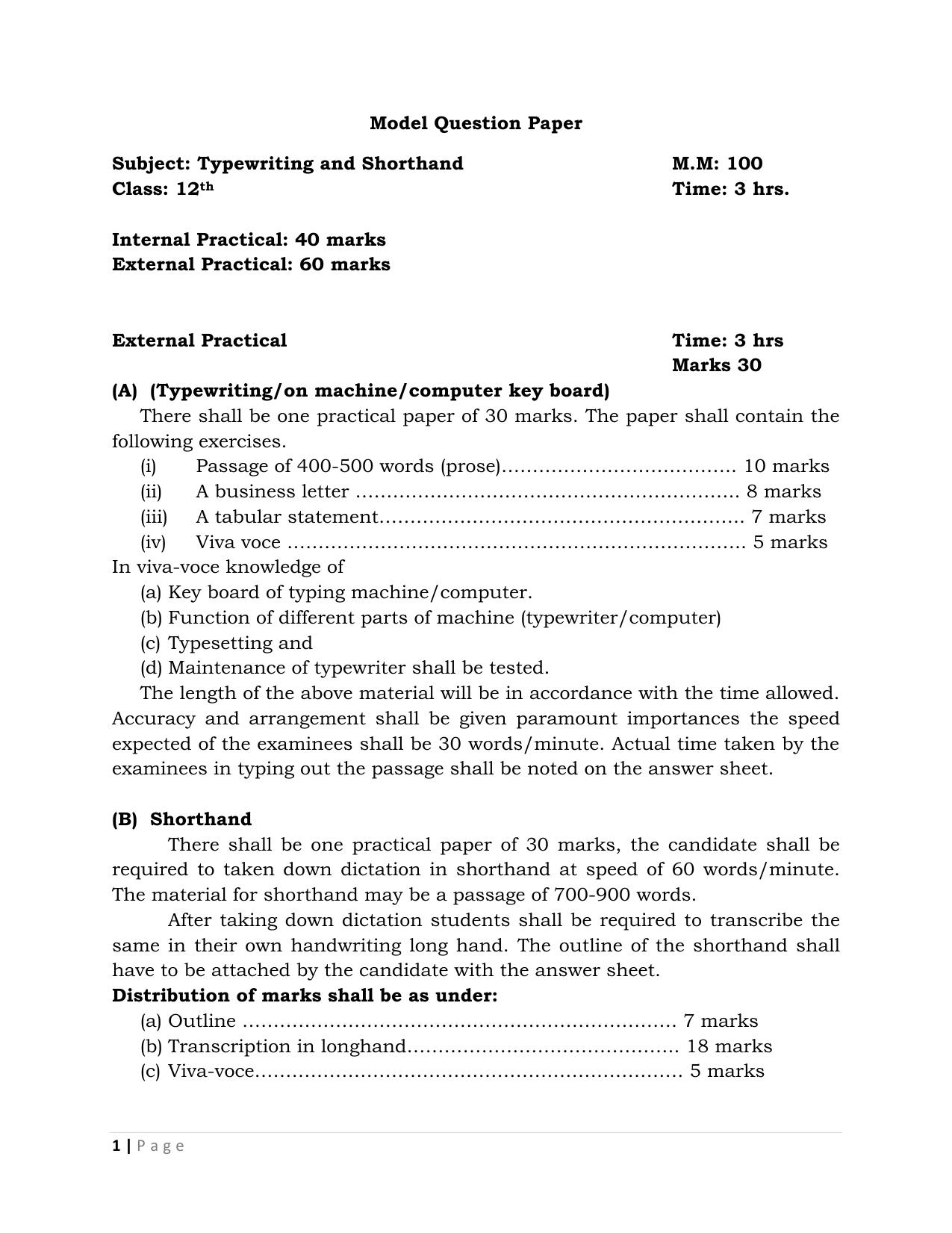 JKBOSE Class 12 Type Writing And Shorthand Model Question Paper - Page 1
