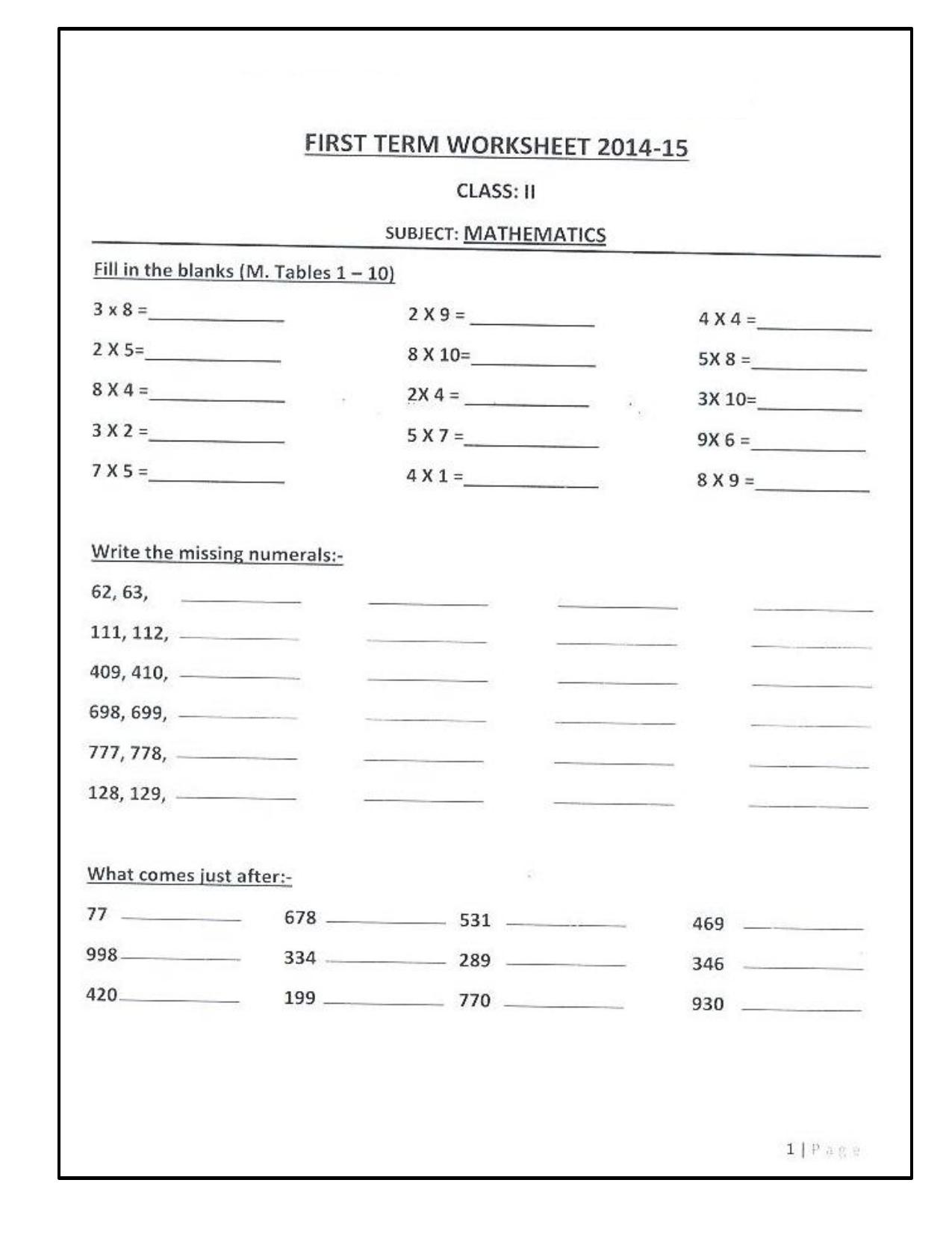 Revison Worksheets for Class 2 Maths Assignment 126 - Page 1