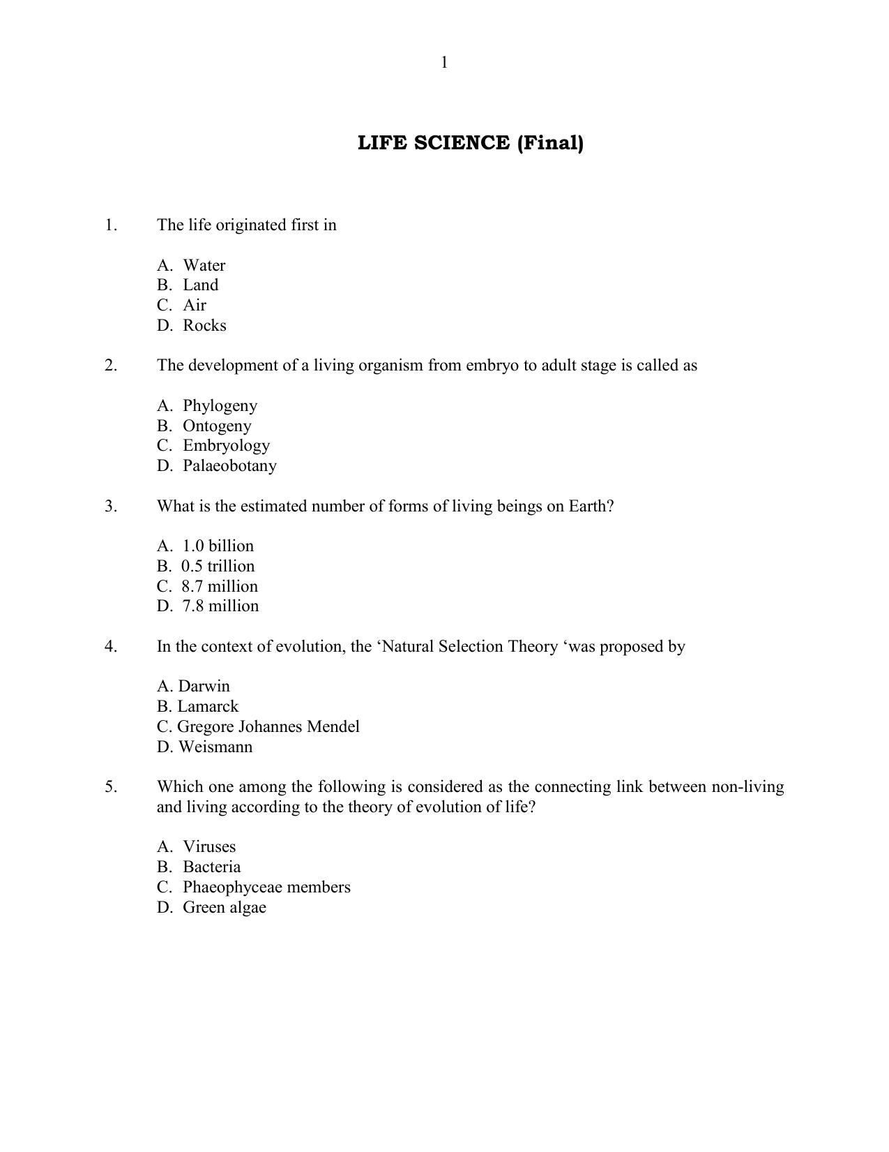 CUSAT CAT 2016 Life Science Question Paper - Page 1